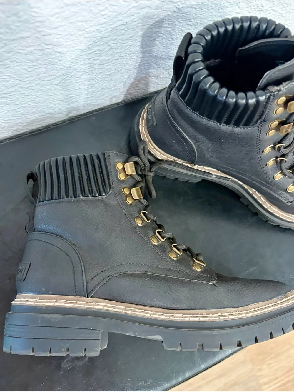 Nautica Men's Black Lace-Up Boots with Gold Hardware Accents